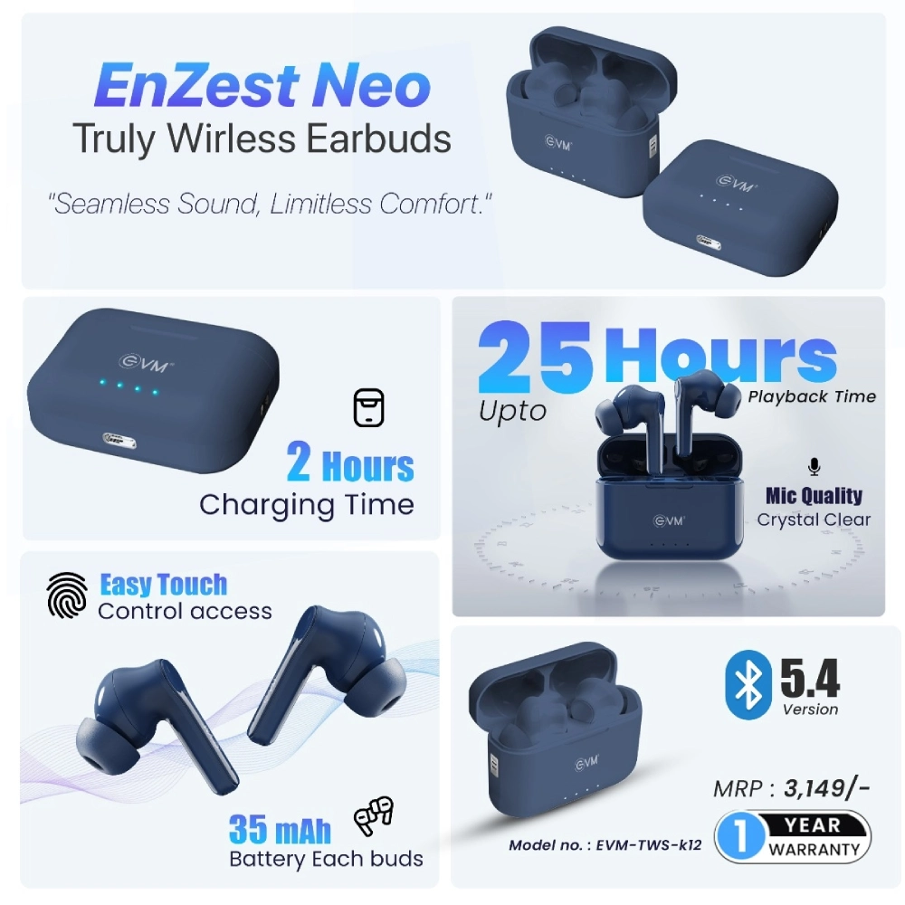 EVM Wireless Bluetooth Earbuds Blue Enzest NEO view 3